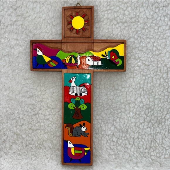 Wooden Cross with whimsical colorful animals tree butterfly sun 10" - Picture 1 of 12